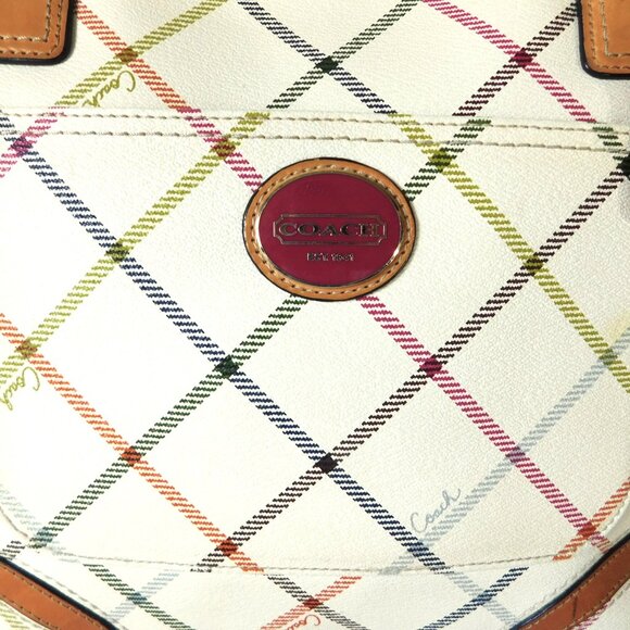 Large Coach Ivory Multi-Colored Striped Natural Hide Leather Tote handbag Purse - Picture 4 of 14